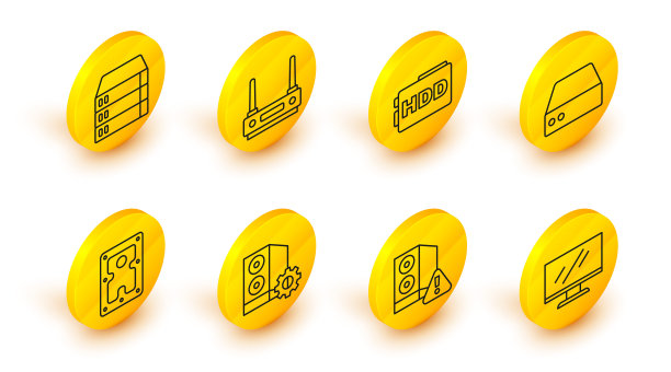 设置行电脑显示器屏幕，电脑机箱，硬盘驱动器，服务器，数据，网络主机，路由器和wi-fi信号和图标。向量图片下载