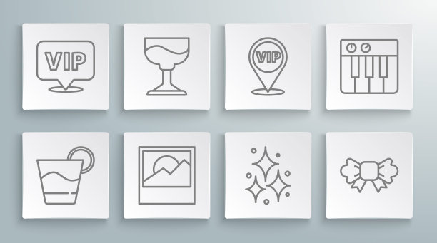 设置一行鸡尾酒，照片，烟花，蝴蝶结，位置Vip，音乐合成器和图标。向量图片下载