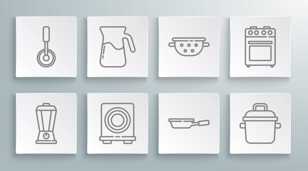 设置线搅拌机，水壶玻璃与水，电炉，煎锅，烹饪锅，厨房滤器，烤箱和披萨刀图标。向量图片下载