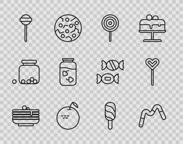 设置线堆栈煎饼，果冻蠕虫糖果，棒棒糖，苹果，草莓果酱罐，冰淇淋和图标。向量图片下载