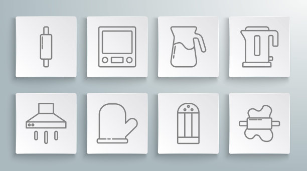 厨房抽油风扇，电子秤，烤箱手套，盐，擀面杖，水罐杯，电水壶和图标。向量图片下载