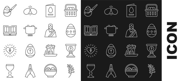 设置线柳叶，基督教圣杯，复活节彩蛋，贺卡与快乐，鸡蛋火锅，圣经书，和油漆刷和耶稣的图标。向量图片下载