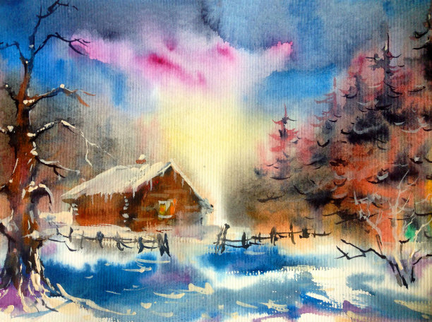 水彩彩色明亮纹理抽象背景手工制作。地中海风景。冬季村庄的建筑和植被绘画图片下载