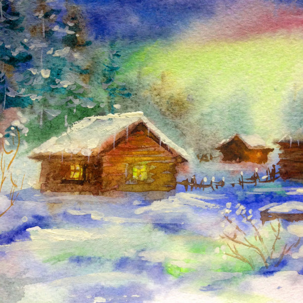 水彩彩色明亮纹理抽象背景手工制作。地中海风景。冬季村庄的建筑和植被绘画图片下载