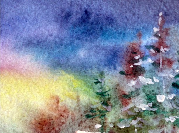 水彩彩色明亮纹理抽象背景手工制作。圣诞节。优雅的圣诞树上装饰着球和蜡烛图片下载
