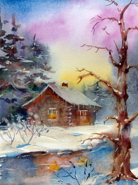 水彩彩色明亮纹理抽象背景手工制作。地中海风景。冬季村庄的建筑和植被绘画图片下载