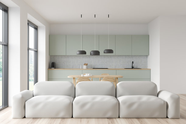 浅绿色厨房背景的沙发图片下载