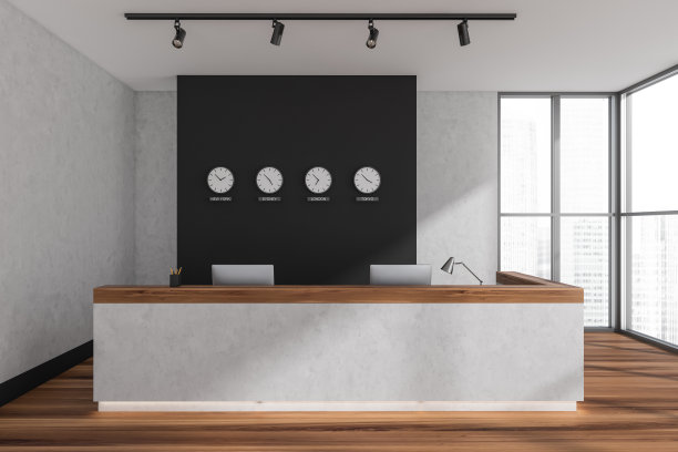 接待处内部的办公桌，靠近窗户的墙上有电脑和时钟图片下载