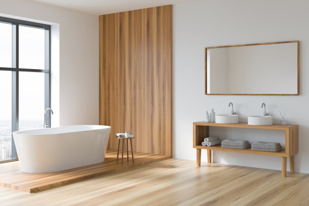 木质和白色的浴室空间。角落里的观点。图片下载