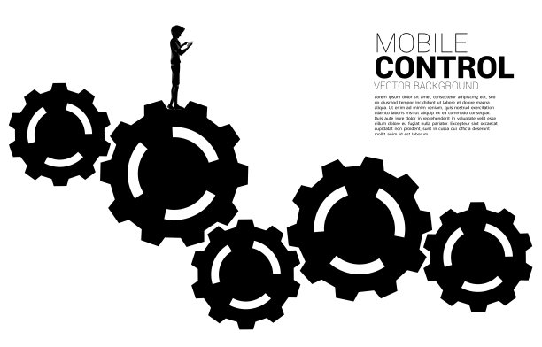 剪影男子与移动电话站在多个大齿轮。图片下载
