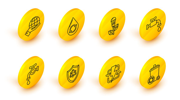 设置线回收站与回收符号，充电，内部屏蔽，水龙头，灯泡叶，清洁水和人类的手握地球仪图标。向量图片下载