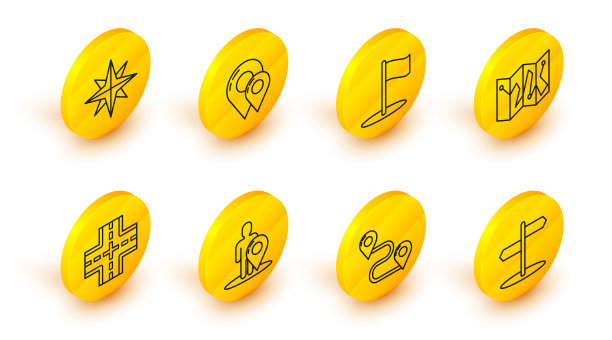 设置线路道路交通标志、路线位置、人物剪影地图标记、折叠地图、旗帜、大头针、风玫瑰图标。向量图片下载