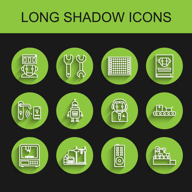 可设置生产线3D打印机，机器人，遥控，工厂输送系统皮带，带纸箱的输送机和工人机器人图标。向量图片下载