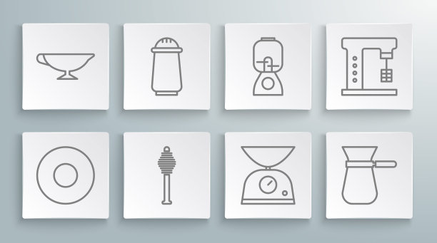Set line Plate, Salt and pepper, Honey dipper stick, Scales, Coffee turk, Blender, Electric mixer and Sauce boat图标。向量图片下载