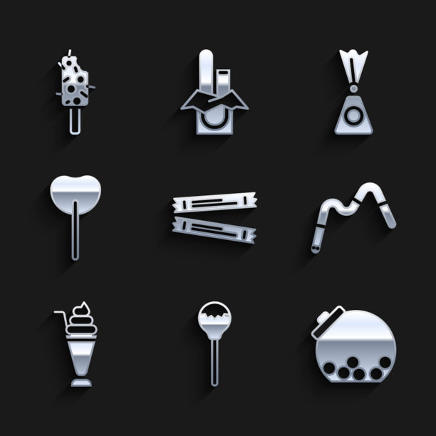 设置糖棒包，棒棒糖，玻璃罐内糖果，果冻蠕虫糖果，奶昔，糖果和冰淇淋图标。向量图片下载