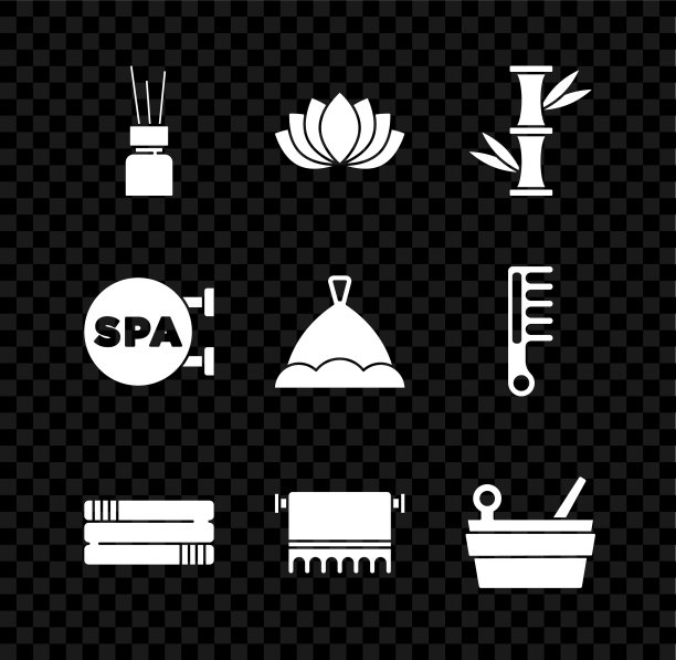 集香气扩散器、荷花、竹、毛巾架、衣架、桑拿桶和勺、水疗沙龙和帽子图标。向量图片下载