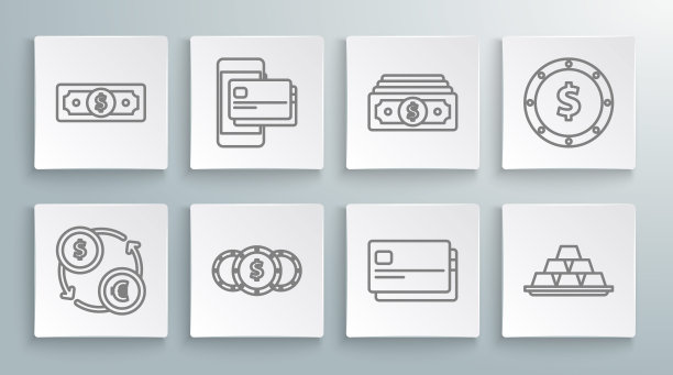 设置线路货币兑换，手机和信用卡，硬币与美元符号，信贷，金条，叠纸现金，和图标。向量图片下载
