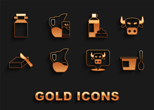 设置牛奶罐或水罐，牛头，酸奶容器与汤匙，黄油黄油碟，生奶油瓶，牛奶罐和玻璃图标。向量图片下载