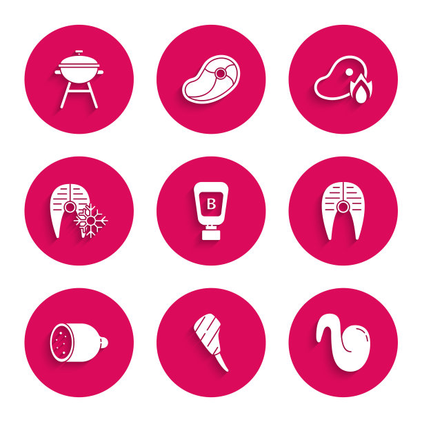 集酱汁瓶，肋眼牛排，炸鸡翅，鱼，萨拉米香肠，新鲜冷冻鱼，烤肉和火焰和烧烤烧烤图标。向量图片下载