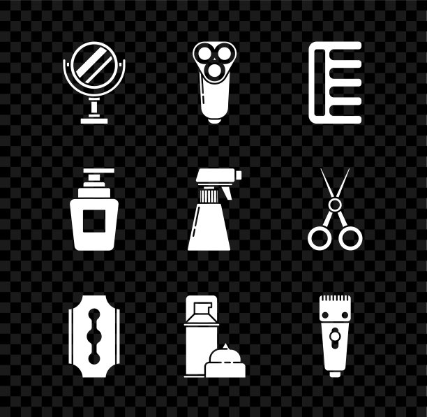 设置圆形化妆镜，男士电动剃须刀片，发刷，刀片，剃须啫喱泡沫，电动剃须刀，洗发水瓶和美发师手枪喷雾瓶图标。向量图片下载