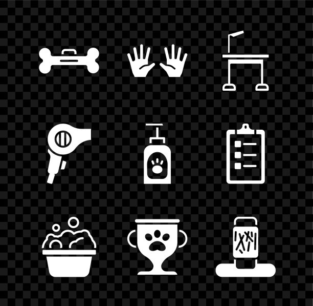 集狗骨、医用橡胶手套、宠物美容台、宠物洗浴、奖品、猫抓贴、电吹风、洗发水图标于一组。向量图片下载