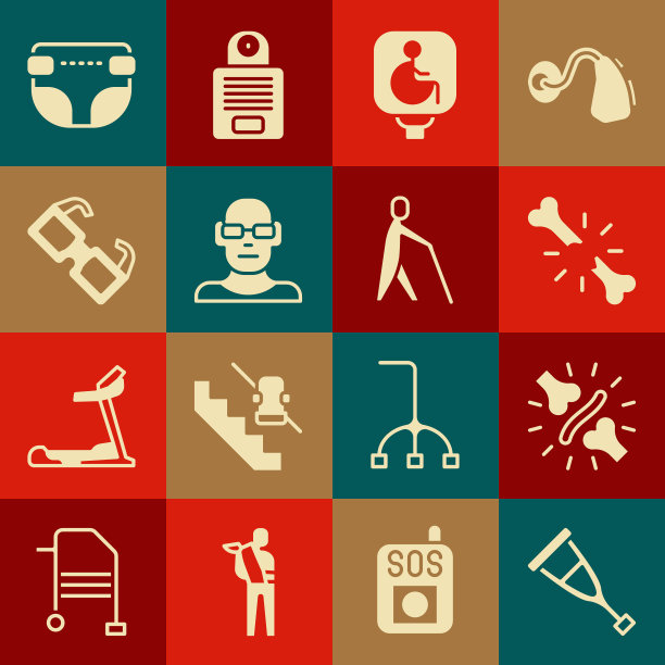 设置拐杖或拐杖，关节痛，膝盖痛，人骨折，残疾人轮椅，视力差，眼镜，成人尿布和盲人手持拐杖图标。向量图片下载