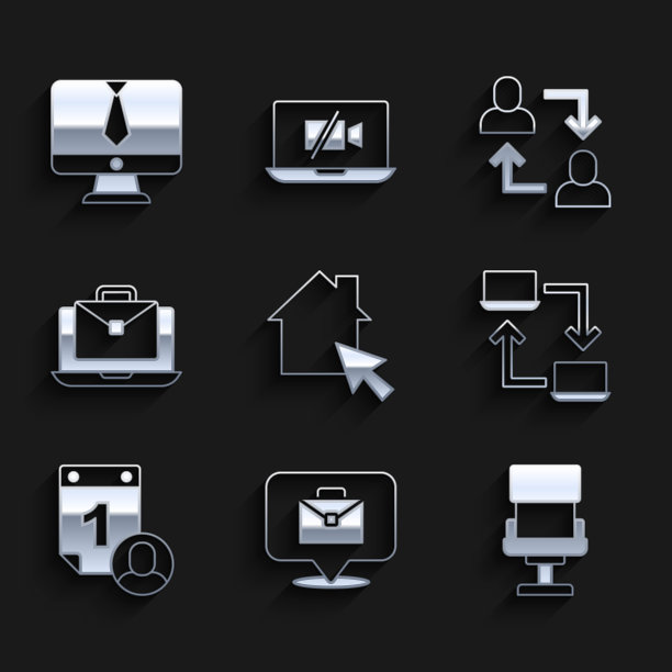 设置在线工作，办公椅，时间管理，项目团队基地和视频聊天会议图标。向量图片下载