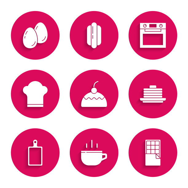 设置蛋糕，咖啡杯，巧克力棒，堆栈煎饼，切菜板，厨师帽，烤箱和复活节彩蛋图标。向量图片下载