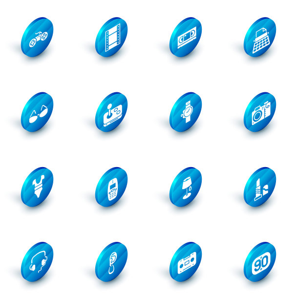 设置播放视频，VHS录像带，复古打字机，眼镜，泳装，操纵杆，照片相机和腕表图标。向量图片下载