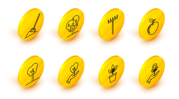 设置手握花线、花盆、环保树手、苹果、花园耙子、梨子和铲地的图标。向量图片下载