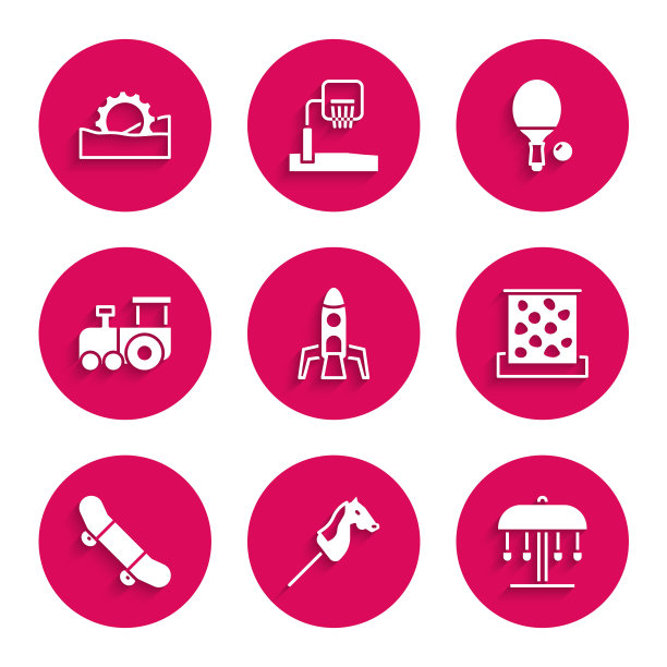 设置火箭船，玩具马，景点旋转木马，攀岩墙，滑板把戏，火车，球拍和球和摩天轮图标。向量图片下载