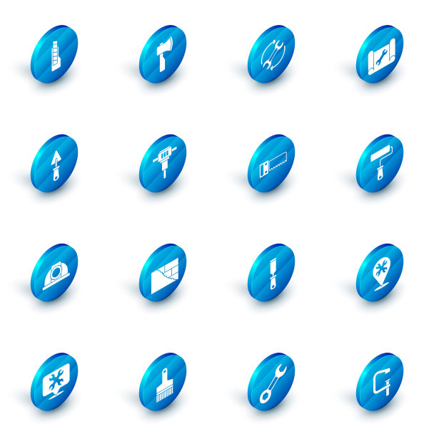 设置木斧，扳手和箭头为工作流程，图画纸扳手，镘刀，工人安全帽，施工手提钻，油漆辊刷和手锯图标。向量图片下载