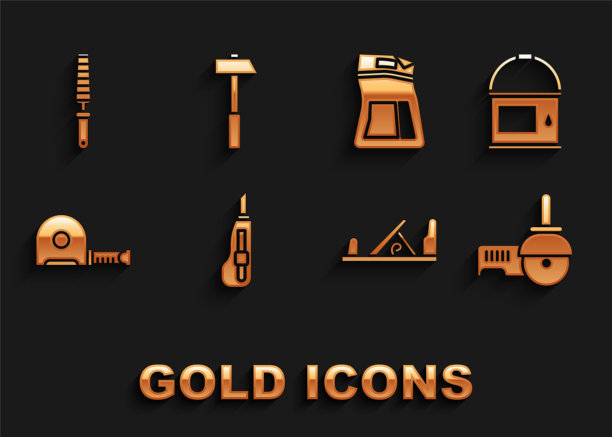 设置文具刀，油漆桶，角磨床，木材平面工具，轮盘lette建设，水泥袋，木材凿子和锤子图标。向量图片下载