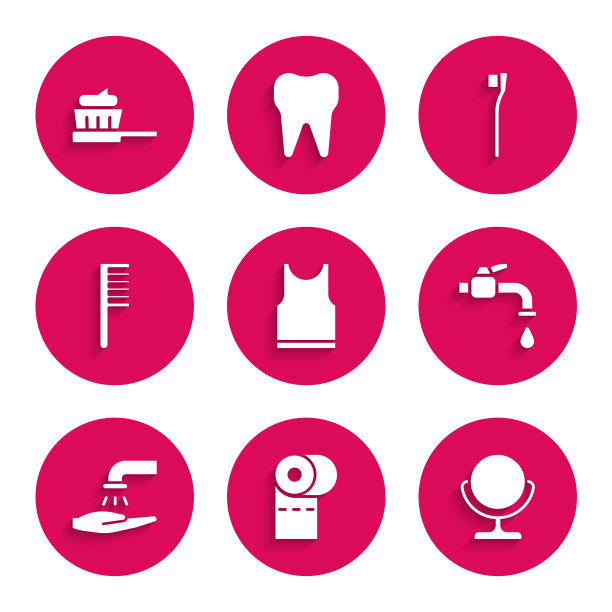 设置无袖t恤，卫生纸卷，圆形化妆镜，水龙头，用肥皂洗手，发刷，牙刷和牙膏图标。向量图片下载