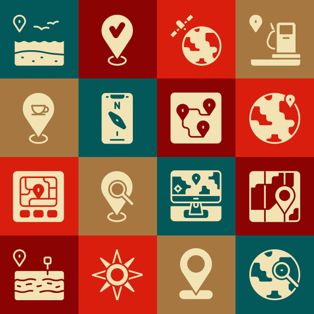 设置放大镜与地球仪，城市地图导航，定位，卫星轨道行星，指南针移动，咖啡杯，海滩和路线位置图标。向量图片下载