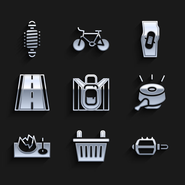 设置徒步背包，自行车篮，踏板，铃，在街道坡道，车道，石膏腿和悬挂图标。向量图片下载