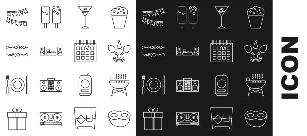 设置线节日面具，烧烤烧烤，小丑头，马提尼玻璃，家庭音响与两个扬声器，烤羊肉串，嘉年华花环旗帜和详细的日历图标。向量图片下载