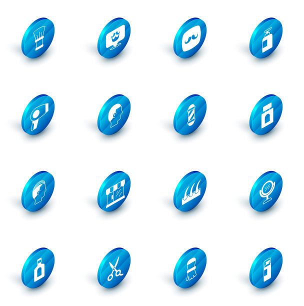 集理发店、洗发精、吹风机、男士发型、须后水、经典杆标于一体。向量图片下载