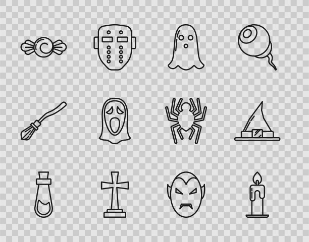 设置线瓶子与药水，燃烧的蜡烛，幽灵，墓碑十字架，糖果，有趣的可怕的幽灵面具万圣节，吸血鬼和女巫的帽子图标。向量图片下载