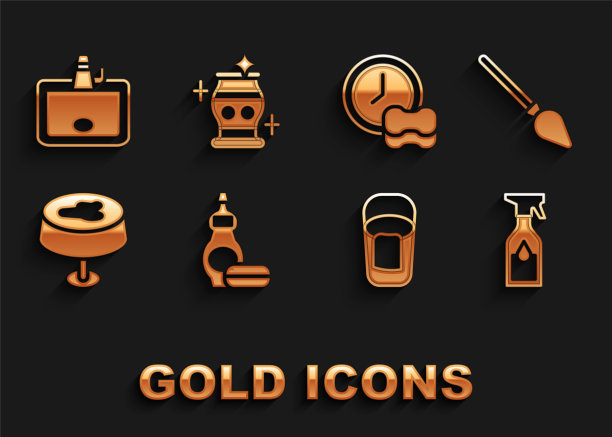 设置洗洁精瓶，扫帚柄，清洁喷雾，抹布桶，桌布上的污渍，洗碗，脸盆和花瓶图标。向量图片下载