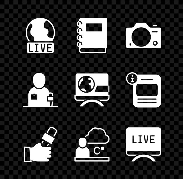 设置现场报告，笔记本，照片相机，记者新闻，天气预报，和Breaking图标。向量图片下载