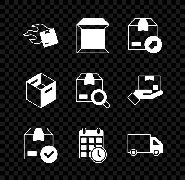 设置纸箱纸箱，包装与检查标记，纸板日历，交付货物卡车，和搜索包图标。向量图片下载