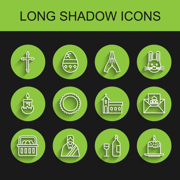 挂有复活节彩蛋、耶稣基督、基督教十字架、酒瓶玻璃、复活节蛋糕和蜡烛、太阳、贺卡快乐和教堂建筑图标。向量图片下载