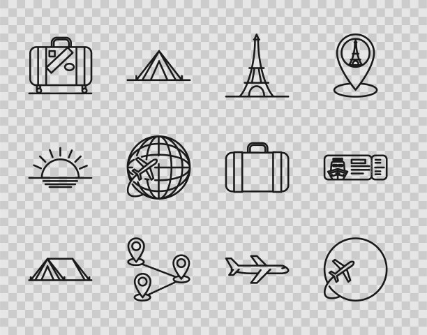 集旅游帐篷，环球飞行飞机，埃菲尔铁塔，路线定位，旅行箱及贴纸，飞机和邮轮旅游船票为一体。向量图片下载