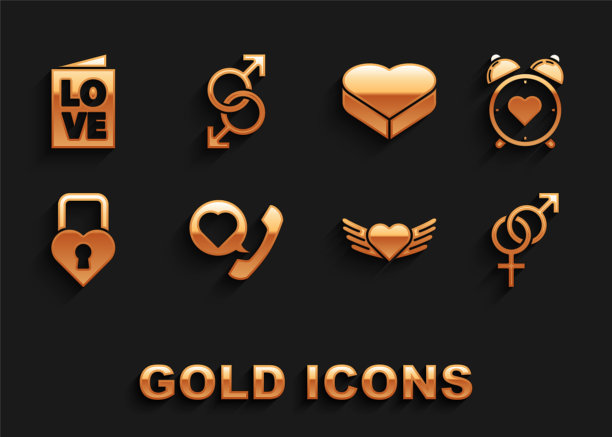 设置电话与心语音泡泡，心在中心闹钟，性别，翅膀，城堡形状，糖果形状的盒子，情人节派对传单和男性性别符号图标。向量图片下载