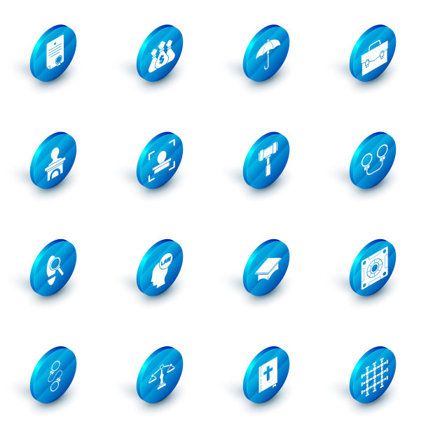 钱袋、雨伞、公文包、舞台讲台或辩论讲台、带脚印的放大镜、人脸识别、手铐和法官 gavel 图标矢量素材图片下载