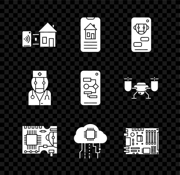 集智能家居、机器人、印刷电路板PCB、物联网、电子电脑组件主板数字芯片、机器人医生、算法图标于一体。向量图片下载