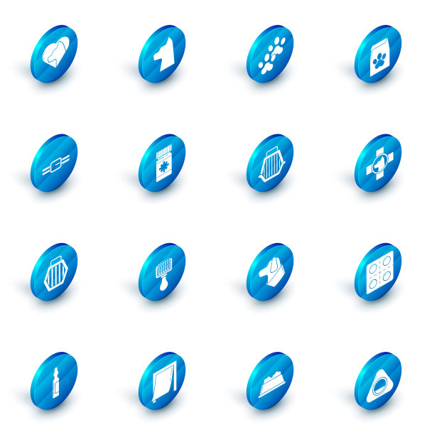 集猫、爪印、宠物食品袋、带名牌项圈、宠物提箱、狗药瓶及药丸、兽医诊所标志及图标于一体。向量图片下载