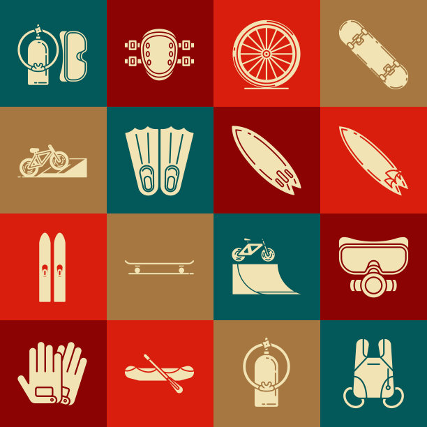 设置降落伞，潜水面罩，冲浪板，自行车轮子，橡胶脚蹼游泳，在街道坡道，和aqualung和图标。向量图片下载