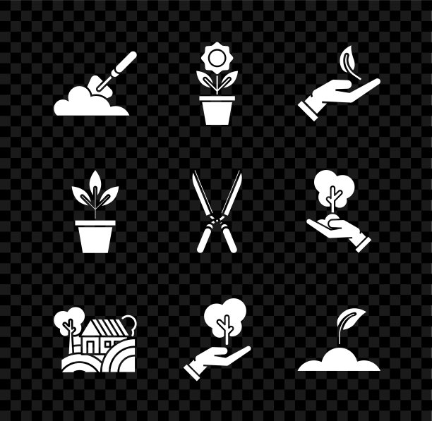 设置园艺铲或铲在地上，花盆，萌芽手环保，农场概念，树，花和园艺手工剪刀的修剪图标。向量图片下载